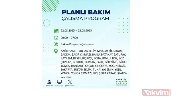İstanbul'da 19 ilçede elektrik kesintisi! BEDAŞ İLÇE İLÇE listeledi: 22 Ağustos Cuma günü 8 saat yok - 11