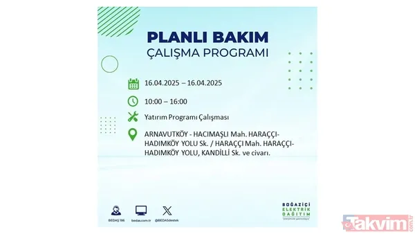 16 Nisan 2025 Bedaş İstanbul Elektrik Kesintisi