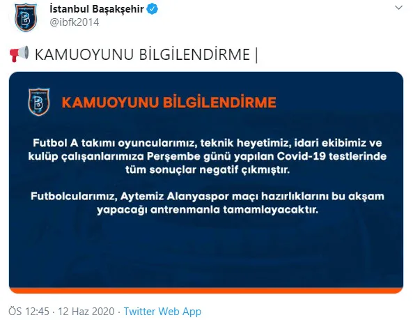 Medipol Başakşehir, Aytemiz Alanyaspor maçı önce koronavirüs test sonuçlarını açıkladı-1
