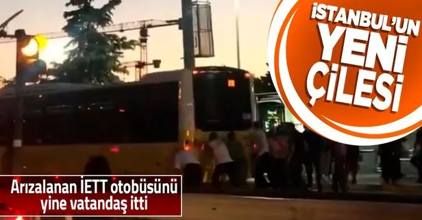 İstanbul Sefaköy’de arızalanan İETT otobüsünü vatandaş itti