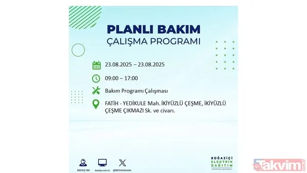 📌23 Ağustos Cumartesi İstanbul'da Elektrik Kesintisi Yaşanacak İlçeler