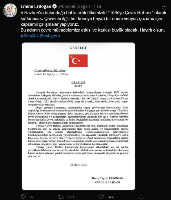 Emine Erdoğan'dan "Türkiye Çevre Haftası" paylaşımı-1