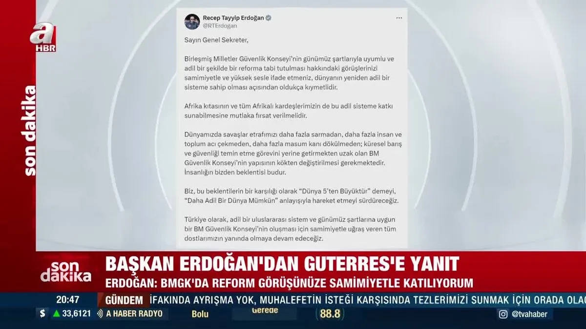 Başkan Erdoğan'dan Guterres'e yanıt: BMGK yapısı kökten değişmelidir