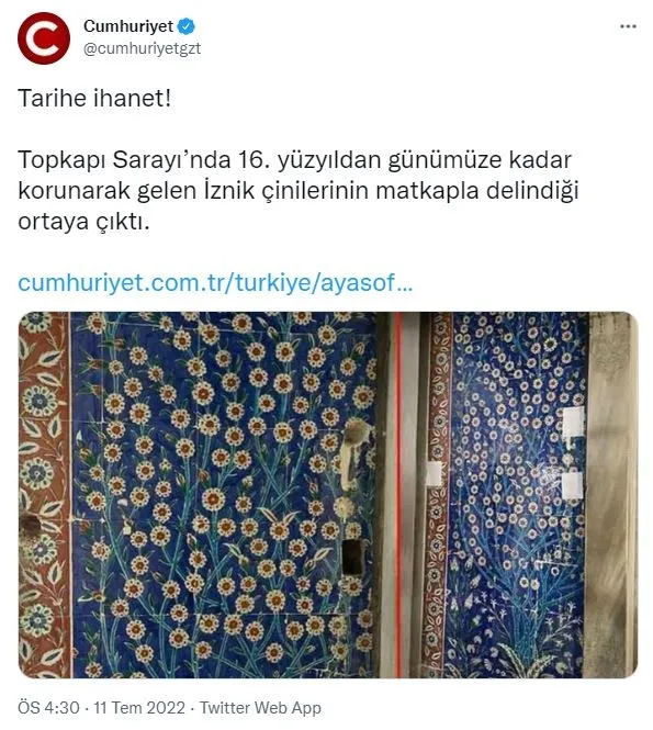 sozcunun-topkapi-sarayinda-500-yillik-cinileri-matkapla-deldiler-haberi-yalan-cikti-1657550286772.jpg Sözcü'nün "Topkapı Sarayı’nda 500 yıllık çinileri matkapla deldiler!" haberi yalan çıktı!-4