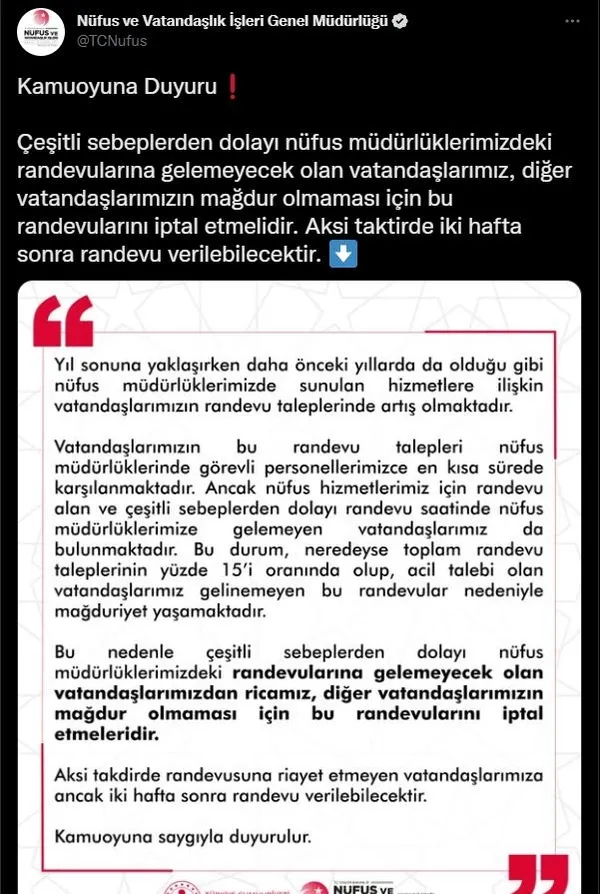 Nüfus ve Vatandaşlık İşleri Genel Müdürlüğü'nden kritik uyarı: İptal etmeyen iki hafta sonra alabilecek!-2