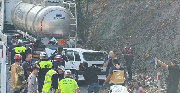 İşte olay yeri görüntüleri! Otomobil asit yüklü tankere çarptı: 5 yaralı