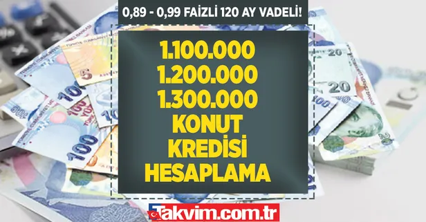1 ayda kaç TL taksit ödenecek? 1 milyon 100 TL, 1 milyon 200 TL, 1 milyon 300 TL konut kredisi 0,89 ve 0.99 faizle 120 ay vade hesaplama tablosu!
