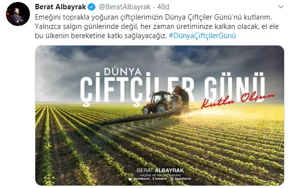 Hazine ve Maliye Bakanı Berat Albayrak'tan Dünya Çiftçiler Günü mesajı!-1