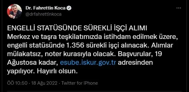 Bakan Koca duyurdu: Engelli statüsünde bin 356 sürekli işçi alınacak!-1