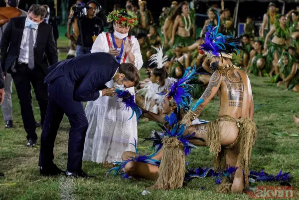 Fransa Cumhurbaşkanı Emmanuel Macron'un Fransız Polinezyası'nda ilginç anları! Boynuna çiçekleri doladılar - 27