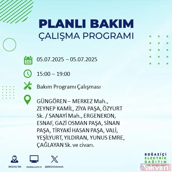 ↪5 Temmuz Cumartesi İstanbul Elektrik Kesintisi