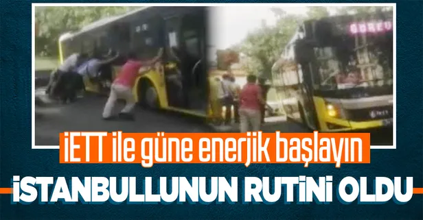 İETT otobüsü rezaletlerinde bugün! Yolda asılı kaldı vatandaş ittirdi