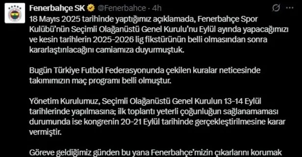 Fenerbahçe’de seçimli kongre 21 Eylül’de