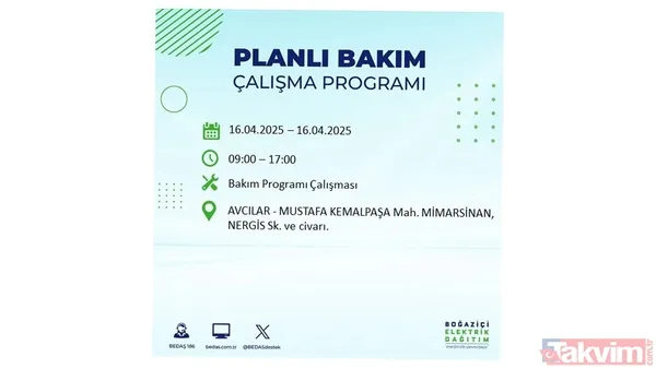 16 Nisan 2025 Bedaş İstanbul Elektrik Kesintisi