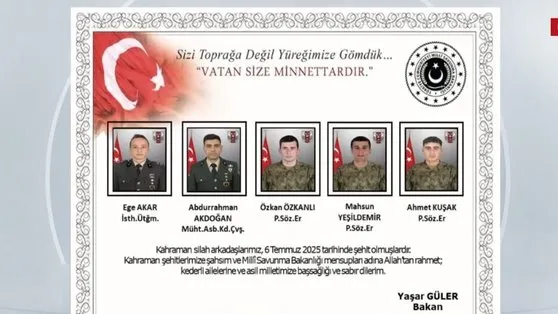 MSB 5 şehidimizin isimlerini açıkladı
