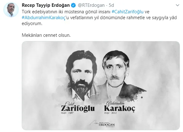 Son dakika: Başkan Erdoğan'dan Cahit Zarifoğlu ve Abdurrahim Karakoç mesajı-1