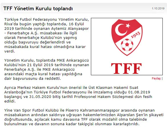 Son dakika haberi: TFF, Fenerbahçe'nin kural hatası itirazını reddetti-1