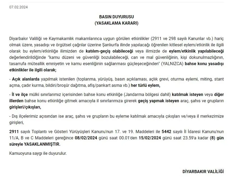 1707326338749.jpeg Diyarbakır Valiliği duyurdu! Gösteri ve yürüyüşler 8 gün süreyle yasaklandı-2