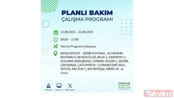 İstanbul'da 19 ilçede elektrik kesintisi! BEDAŞ İLÇE İLÇE listeledi: 22 Ağustos Cuma günü 8 saat yok - 29