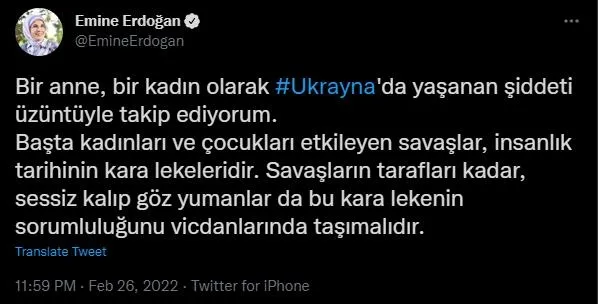 Başkan Recep Tayyip Erdoğan'ın eşi Emine Erdoğan'dan Ukrayna mesajı: Yaşanan şiddeti üzüntüyle takip ediyorum-1