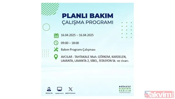 16 Nisan 2025 Bedaş İstanbul Elektrik Kesintisi