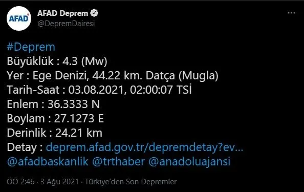 Muğla Datça açıklarında 4.3 büyüklüğünde deprem | AFAD, Kandilli son dakika deprem listesi...-8