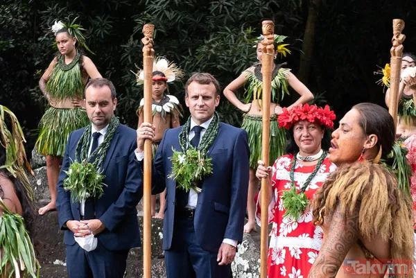 Fransa Cumhurbaşkanı Emmanuel Macron'un Fransız Polinezyası'nda ilginç anları! Boynuna çiçekleri doladılar - 8