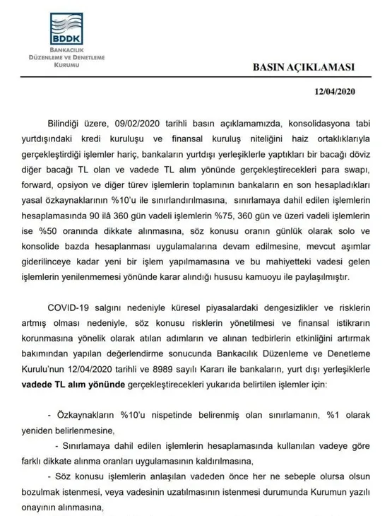 Bankacılık Düzenleme ve Denetleme Kurumu (BDDK) TL swap işlemlerinde limiti yüzde 1'e indirdi-1