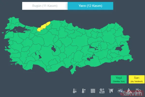 12 Kasım 2025 Çarşamba günü ise (yarın) yine aynı illerde sarı kodlu uyarı mevcut.