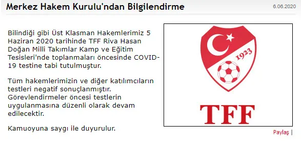 Son dakika haberi | Merkez Hakem Kurulu hakemlerin koronavirüs test sonuçlarını açıkladı-1