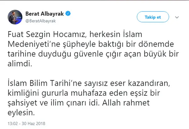 Bakan Albayrak'tan Fuat Sezgin için başsağlığı mesajı-1