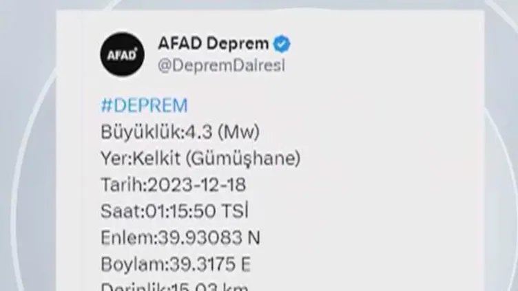 AFAD duyurdu! Gümüşhane'de 4.3 büyüklüğünde korkutan deprem!