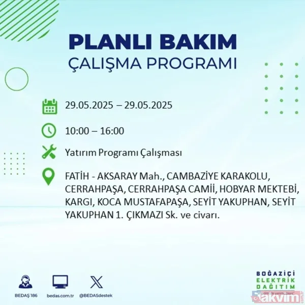 Bedaş 29 Mayıs İstanbul Elektrik Kesintisi