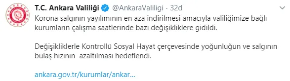 Son dakika: Ankara Valiliği'nden koronavirüs düzenlemesi! Çalışma saatleri değiştirildi!-1