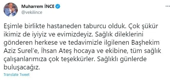 Son dakika: Koronavirüs tedavisi gören Muharrem İnce ve eşi Ülkü İnce taburcu oldu! Muharrem İnce'nin sağlık durumu nasıl?-1