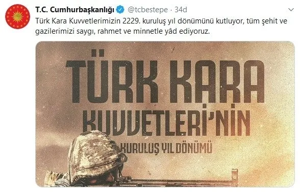 Cumhurbaşkanlığı'ndan Türk Kara Kuvvetleri'nin 2229. yılına özel mesaj!-1