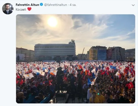 Cumhurbaşkanlığı İletişim Başkanı Fahrettin Altun, Twitter üzerinden Başkan Erdoğan'ın Kocaeli mitingindeki coşkuyu paylaştı-1