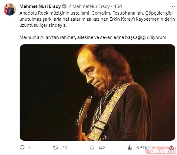 Kültür Ve Turizm Bakanı Mehmet Nuri Ersoy: Anadolu Rock Müziğinin Usta İsmi, Cemalim, Fesuphanallah, Çöpçüler Gibi Unutulmaz Şarkılarla Hafızalarımıza Kazınan...