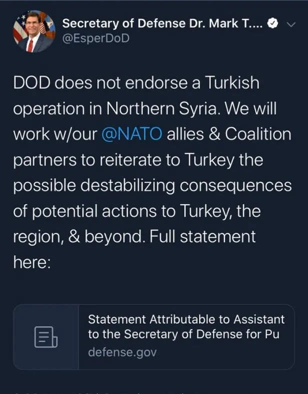 ABD Savunma Bakanı, Türkiye paylaşımını sildi! Türk operasyonunu onaylamıyoruz demişti