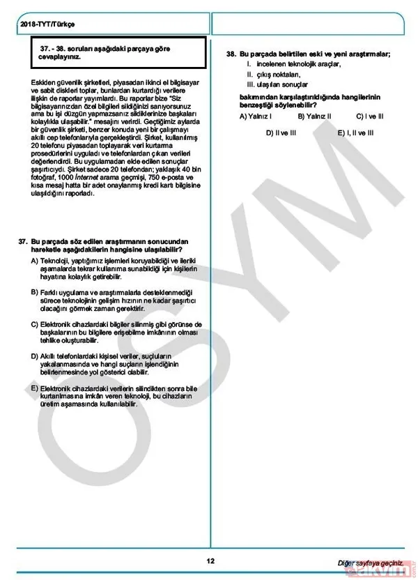 YKS çıkmış sorular ve cevaplar! 2018 YKS çıkmış sorular ve cevap anahtarı - 15