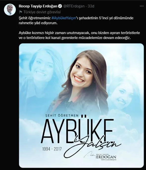 Başkan Erdoğan'dan şehit öğretmen Aybüke Yalçın paylaşımı: Teröristlere kol kanat gerenlerle mücadelemize devam edeceğiz-1
