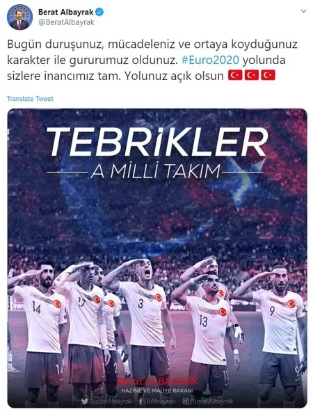 Bakan Berat Albayrak'tan A Milli Takım'a tebrik mesajı-1