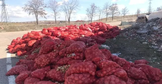 Ankara’nın Altındağ ilçesinde yol kenarına atılmış yüzlerce çuval soğan bulundu