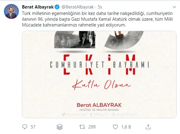 Son dakika: Bakan Albayrak'tan 29 Ekim Cumhuriyet Bayramı mesajı-1