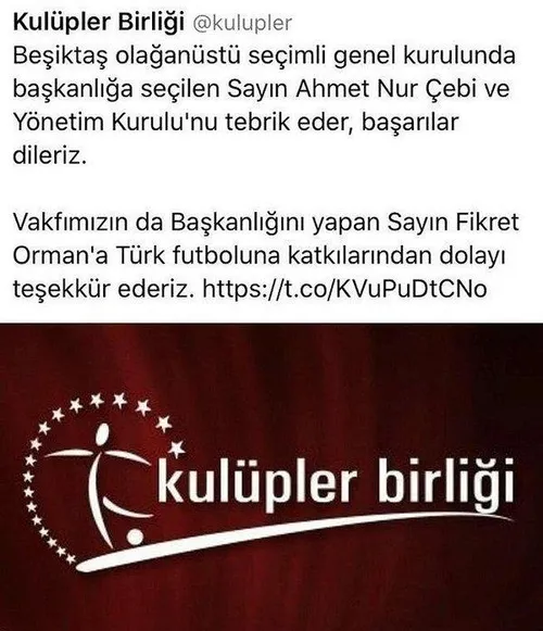 Kulüpler Birliği'nden Ahmet Nur Çebi'ye tebrik mesajı-1