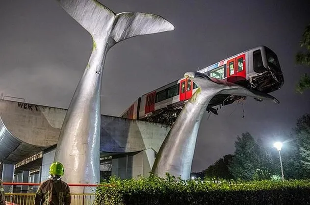 Hollanda’da yürekleri ağza getiren metro kazası! 7.5 metre yükseklikteki dev balina heykeline çarptı