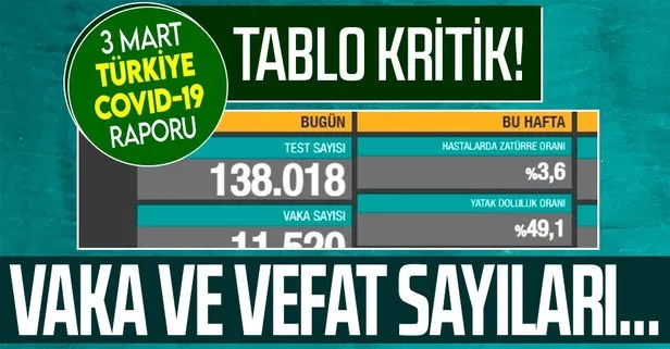 Son dakika: Sağlık Bakanlığı 3 Mart koronavirüs vaka ve vefat sayılarını içeren kovid-19 tablosunu paylaştı