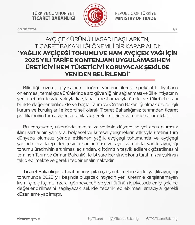 Ticaret Bakanlığı'ndan ayçiçek kararı: 2025 yılı tarife kontenjanı uygulaması yeniden belirlendi-3