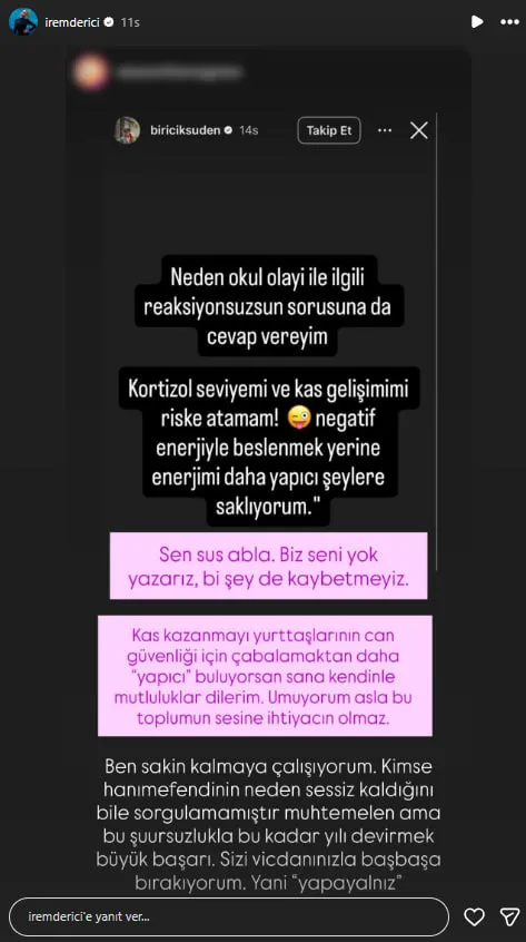 biricik-sudenden-okul-saldirisi-sonrasi-skandal-paylasim-1776412454911.jpg Biricik Suden’den okul saldırısı sonrası skandal paylaşım: "Kas gelişimimi riske atamam"-6