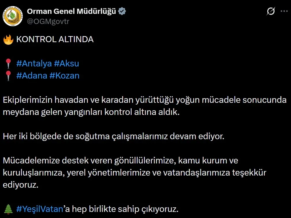 OGM açıkladı: Antalya Aksu ile Adana Kozan'da yangınlar kontrol altında!-1